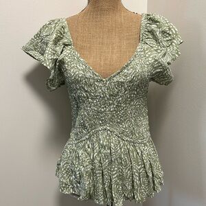 Green Leaf Print Peplum Top